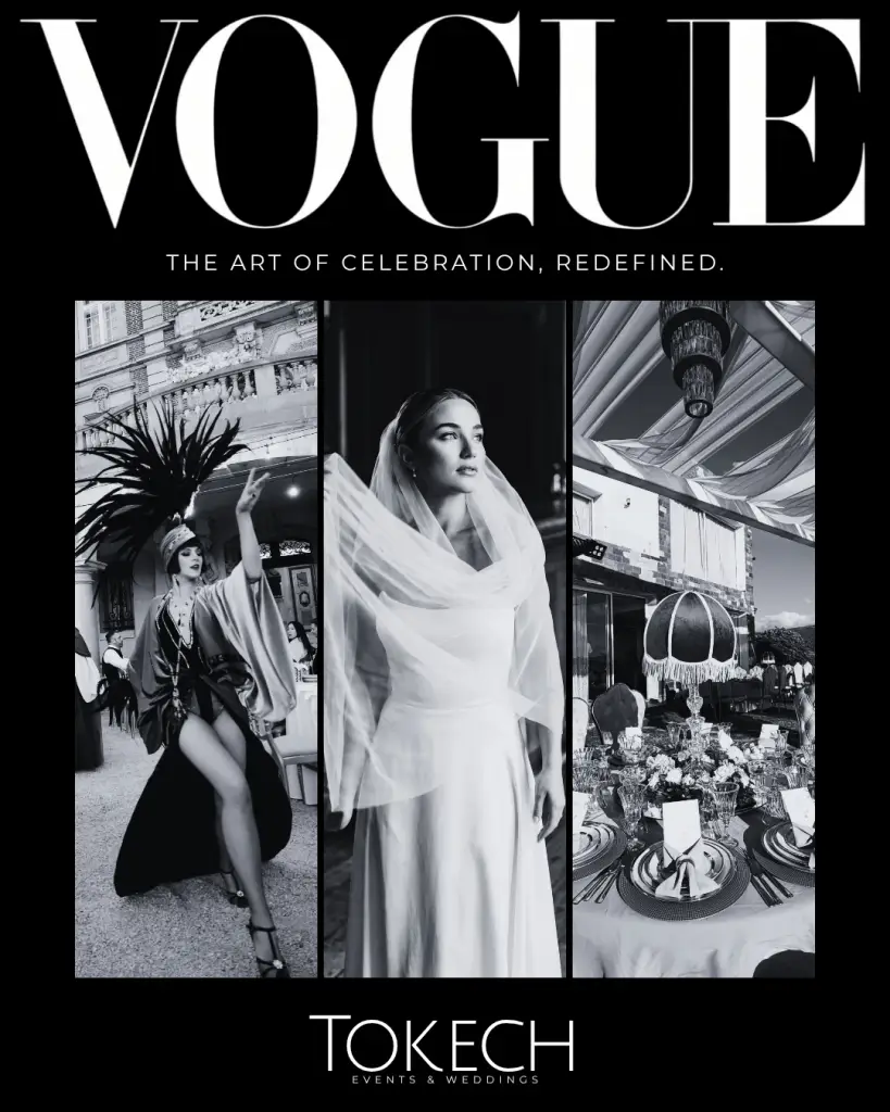 Triptyque éditorial en noir et blanc illustrant l'expertise de ToKech Events : organisation de mariage de luxe, mariée élégante et architecture événementielle à Paris, Monaco et Marrakech.